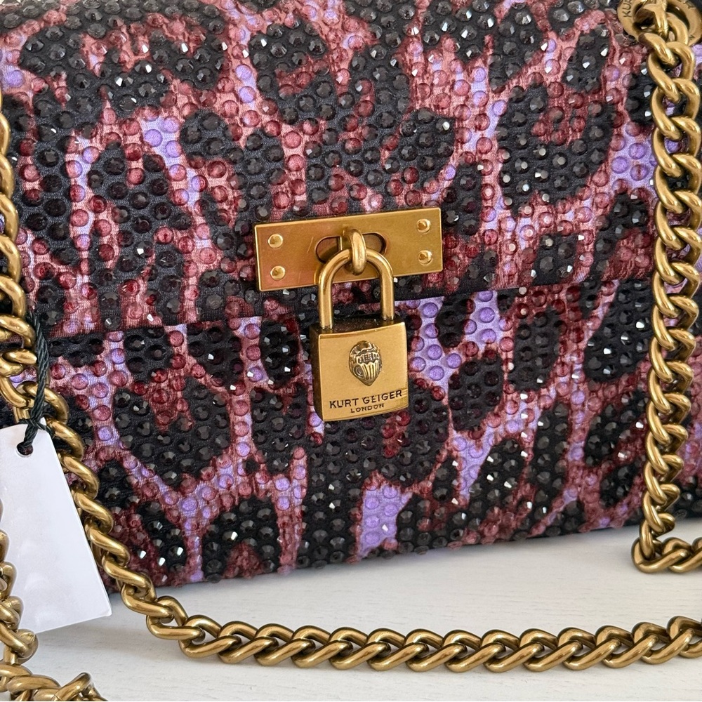 Kurt Geiger Purple Leopard Crystal Satin Brixton Bag - Picture 3 of 14
